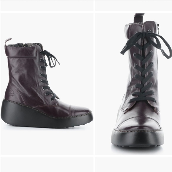 Fly London Daff Leather Wedge Combat Boot Dark Purple Sofia SZ 41/US 10 - Picture 4 of 16
